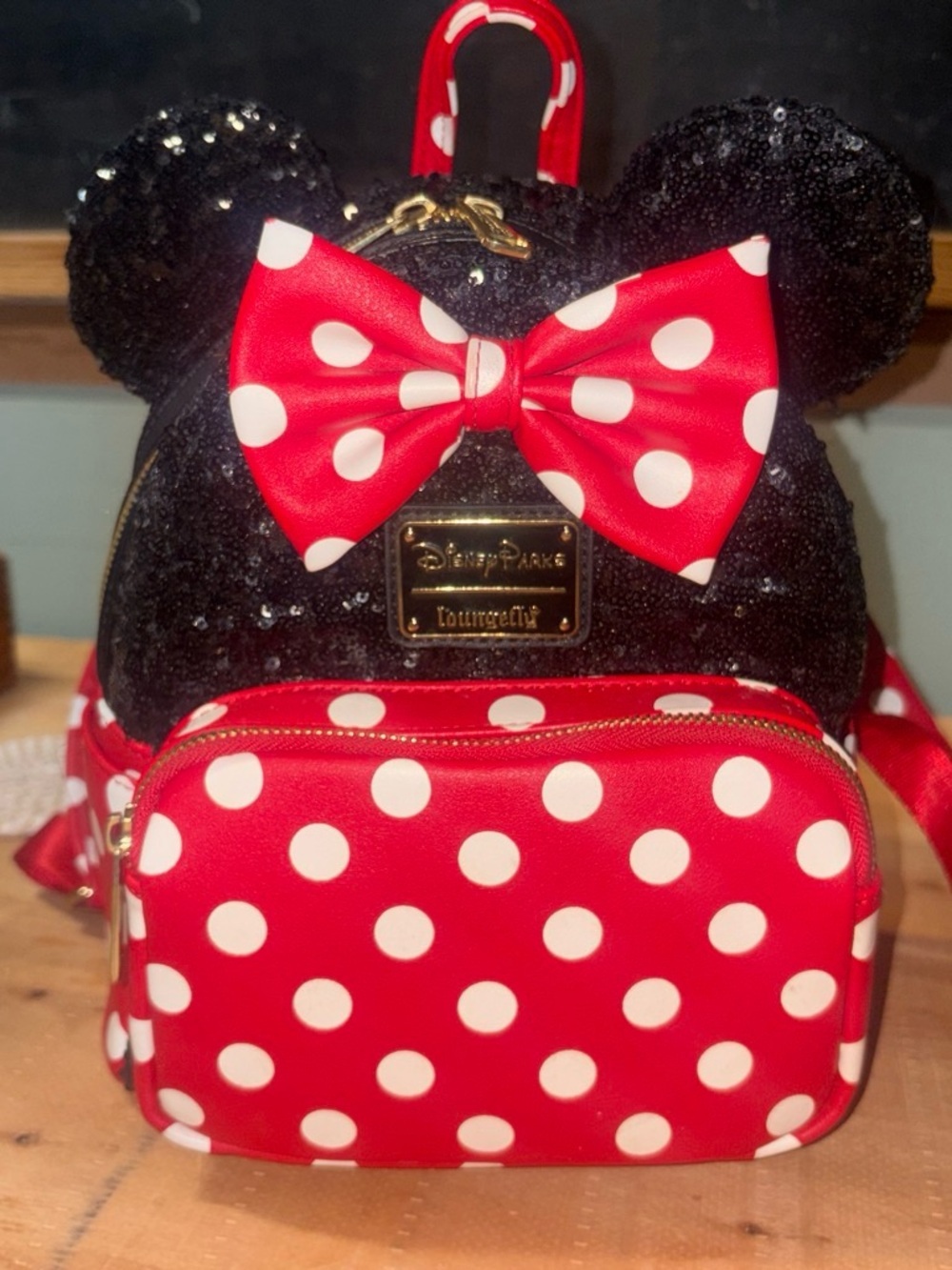 Loungefly Red White Polka Dot Minnie Mouse Sequin Ear Backpack